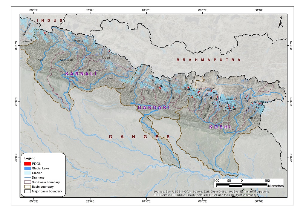 Potentially dangerous glacial lakes in the Koshi, Gandaki, and Karnali river basins of Nepal, the Tibet Autonomous Region of China, and India